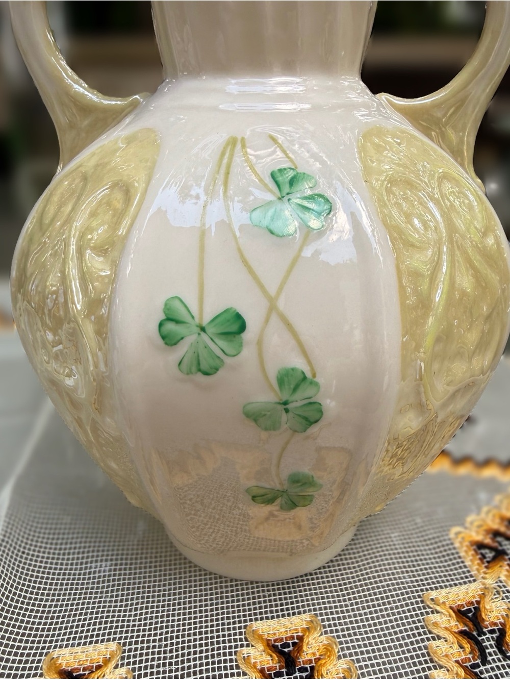 Belleek Shamrock Hand Painted ‘55 to ‘65 Hallmark Pearlized Panel Vase 8” Tall